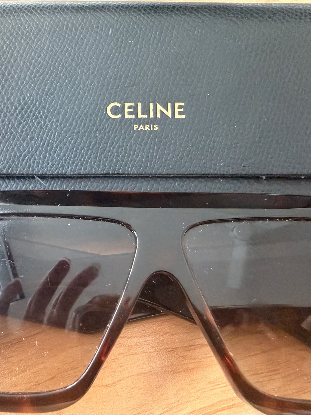 Celine Tortoiseshell Shield Sunglasses with Dark Lenses